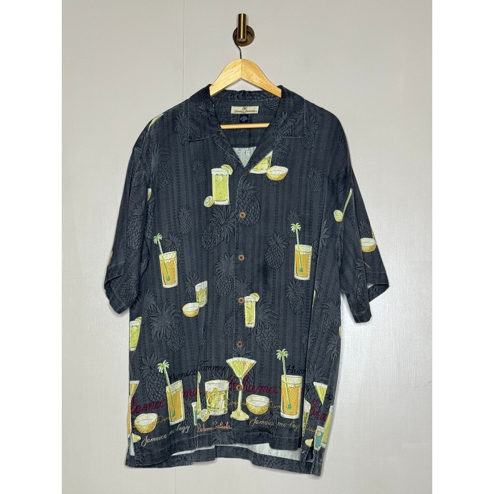 Tommy Bahama 100% Silk Hawaiian Shirt Cocktail Print Camp Shirt Large
